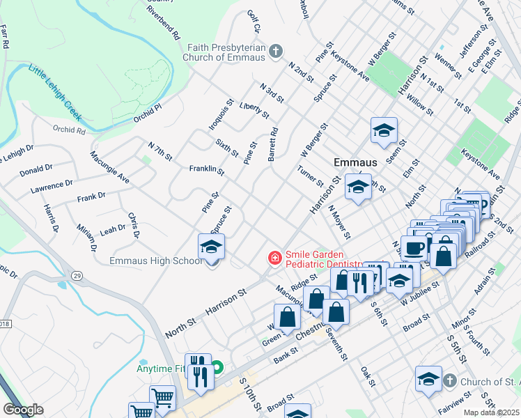 map of restaurants, bars, coffee shops, grocery stores, and more near 651 West Berger Street in Emmaus