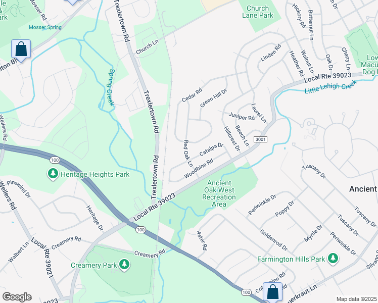 map of restaurants, bars, coffee shops, grocery stores, and more near 1674 Red Oak Lane in Macungie