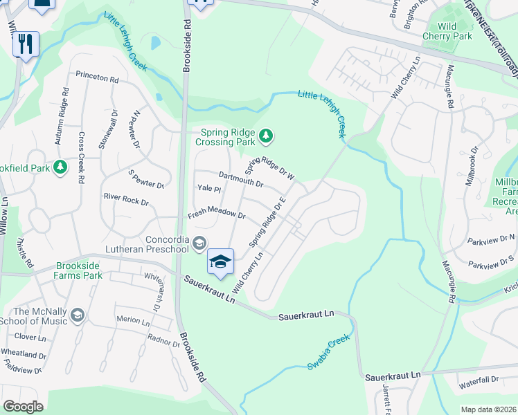 map of restaurants, bars, coffee shops, grocery stores, and more near 5264 Green Lawn Drive in Macungie