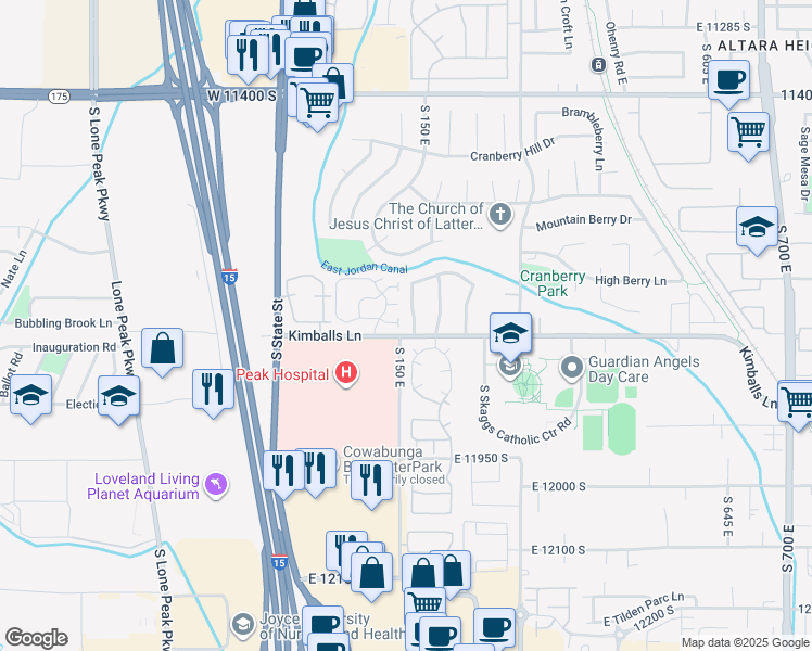map of restaurants, bars, coffee shops, grocery stores, and more near 11766 Twin Ridge Drive in Draper