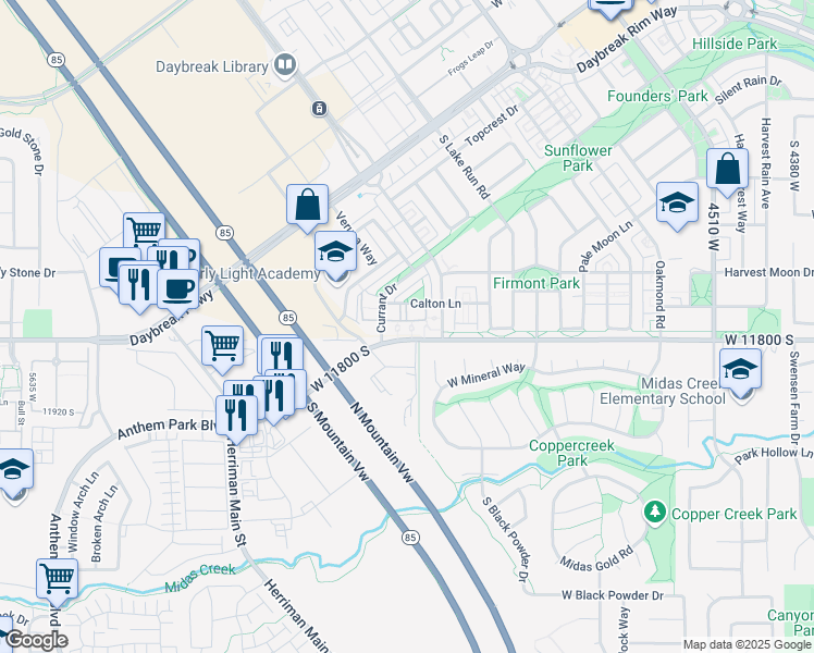 map of restaurants, bars, coffee shops, grocery stores, and more near 11773 West Currant Drive in South Jordan