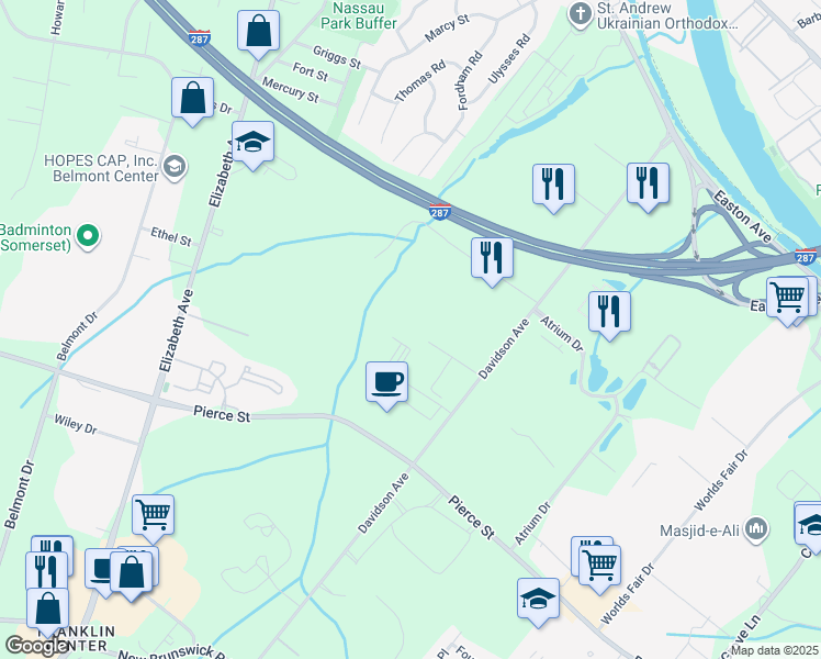 map of restaurants, bars, coffee shops, grocery stores, and more near 200 Franklin Square Drive in Franklin Township