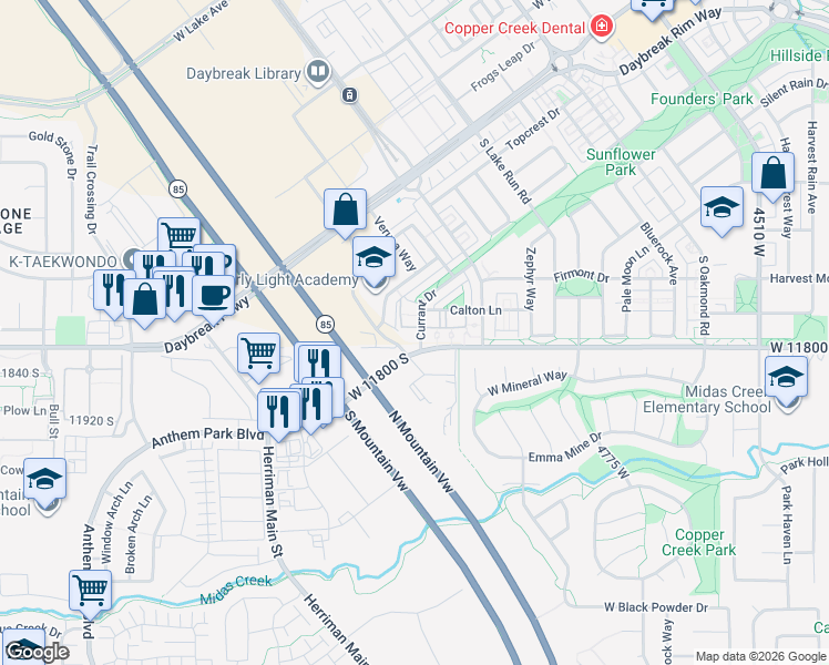 map of restaurants, bars, coffee shops, grocery stores, and more near 11782 Currant Drive in South Jordan