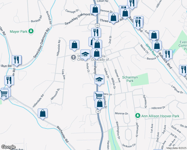 map of restaurants, bars, coffee shops, grocery stores, and more near 971 U.S. 19 in Pittsburgh