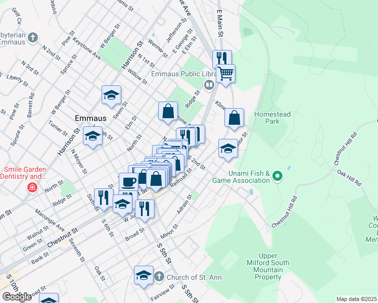 map of restaurants, bars, coffee shops, grocery stores, and more near 192 Main Street in Emmaus