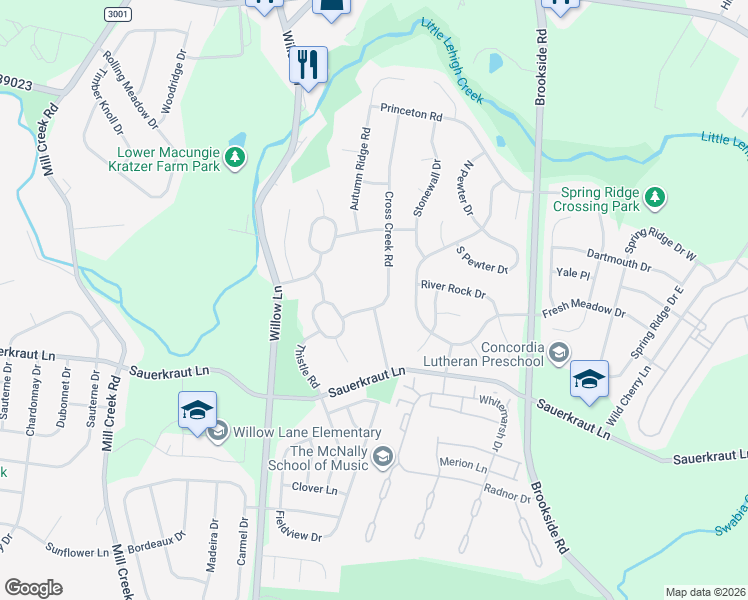 map of restaurants, bars, coffee shops, grocery stores, and more near 2406 Cross Creek Road in Macungie