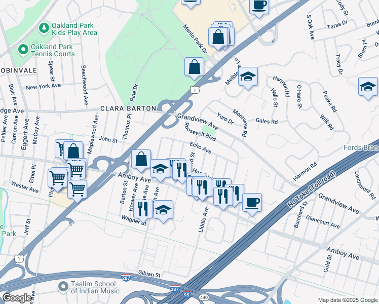 map of restaurants, bars, coffee shops, grocery stores, and more near 69 3rd Street in Edison