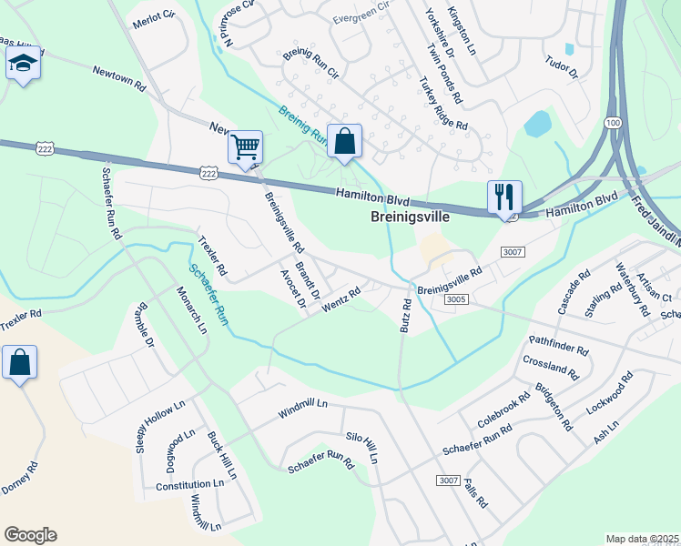 map of restaurants, bars, coffee shops, grocery stores, and more near 9054 Breinigsville Road in Breinigsville