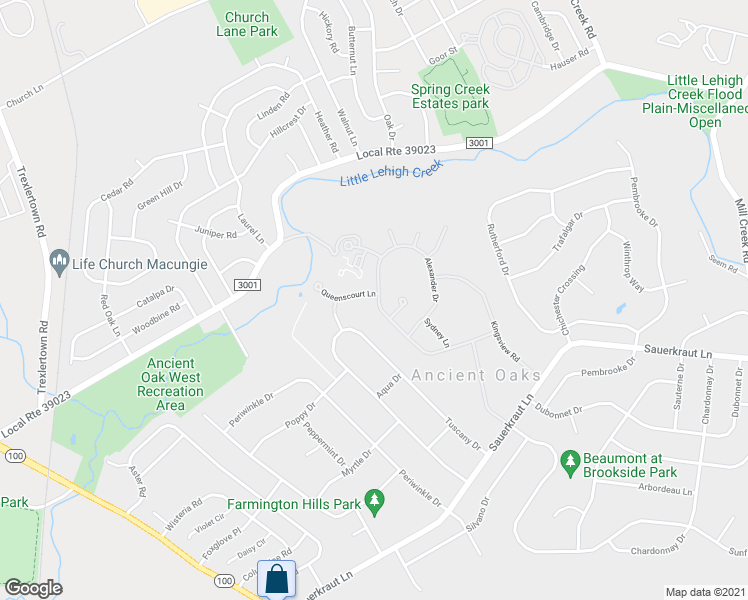 map of restaurants, bars, coffee shops, grocery stores, and more near 7022 Queenscourt Lane in Macungie