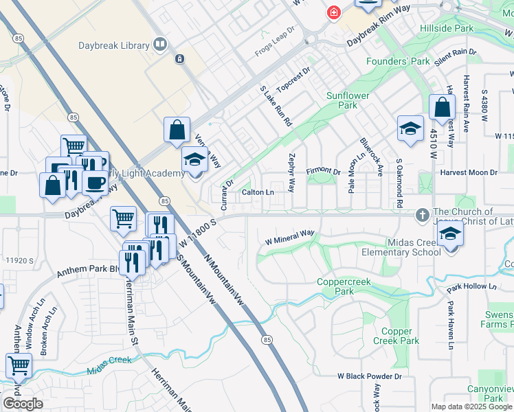 map of restaurants, bars, coffee shops, grocery stores, and more near 11776 Grandville Avenue in South Jordan