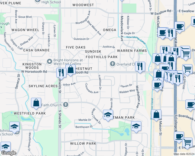 map of restaurants, bars, coffee shops, grocery stores, and more near 814 Arbor Avenue in Fort Collins