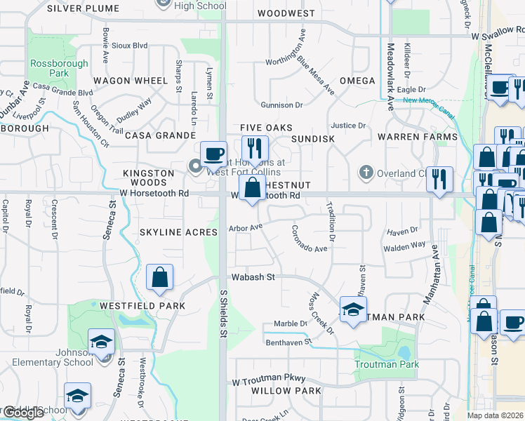 map of restaurants, bars, coffee shops, grocery stores, and more near 900 Arbor Avenue in Fort Collins