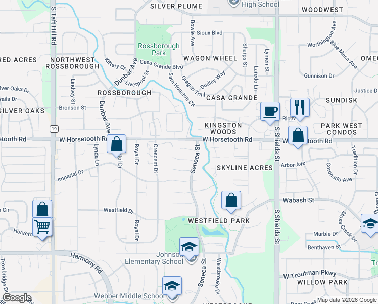 map of restaurants, bars, coffee shops, grocery stores, and more near 1515 Carmela Court in Fort Collins