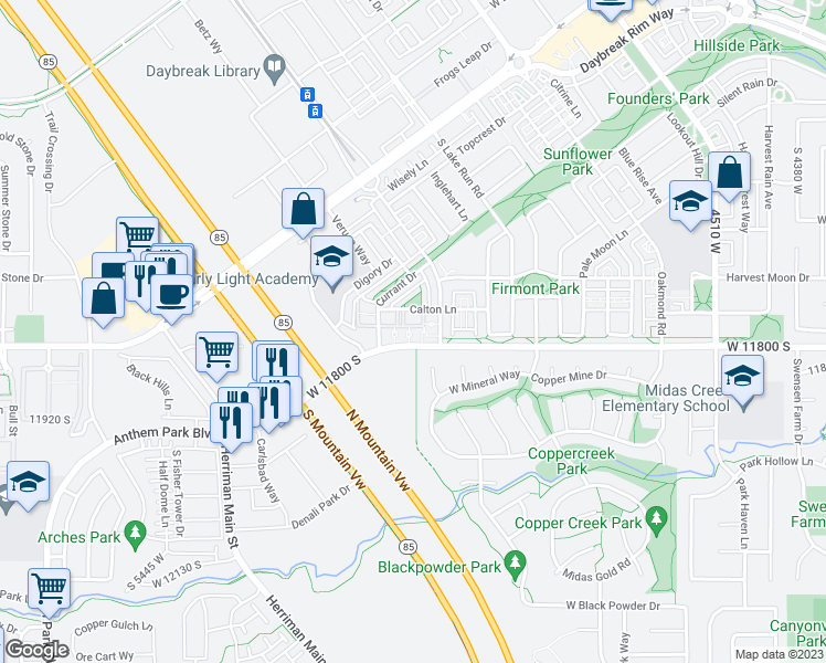 map of restaurants, bars, coffee shops, grocery stores, and more near 11776 Grandville Avenue in South Jordan