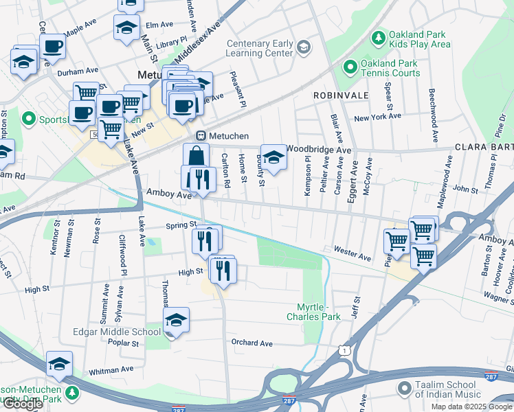map of restaurants, bars, coffee shops, grocery stores, and more near 190 Amboy Avenue in Metuchen