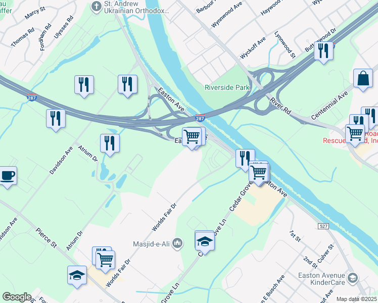 map of restaurants, bars, coffee shops, grocery stores, and more near County Road 527 in Franklin Township
