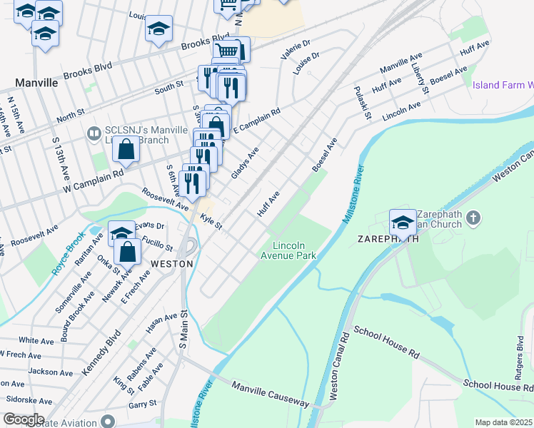 map of restaurants, bars, coffee shops, grocery stores, and more near 321 Boesel Avenue in Manville