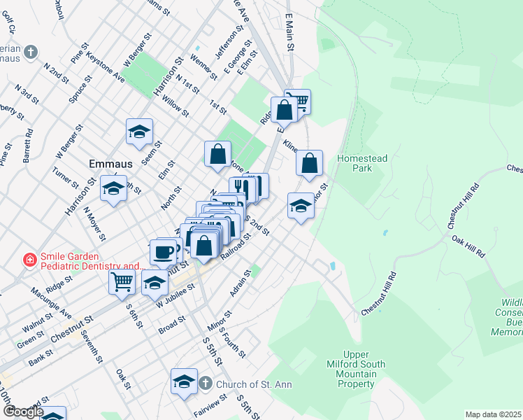 map of restaurants, bars, coffee shops, grocery stores, and more near 23 South Cherry Street in Emmaus