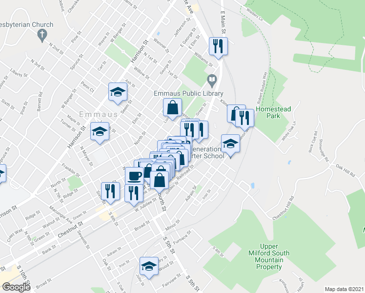 map of restaurants, bars, coffee shops, grocery stores, and more near 195 Main Street in Emmaus