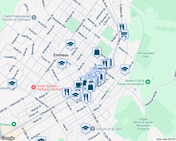 map of restaurants, bars, coffee shops, grocery stores, and more near 239 Ridge Street in Emmaus