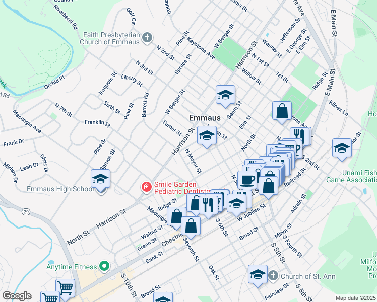 map of restaurants, bars, coffee shops, grocery stores, and more near 554 Seem Street in Emmaus