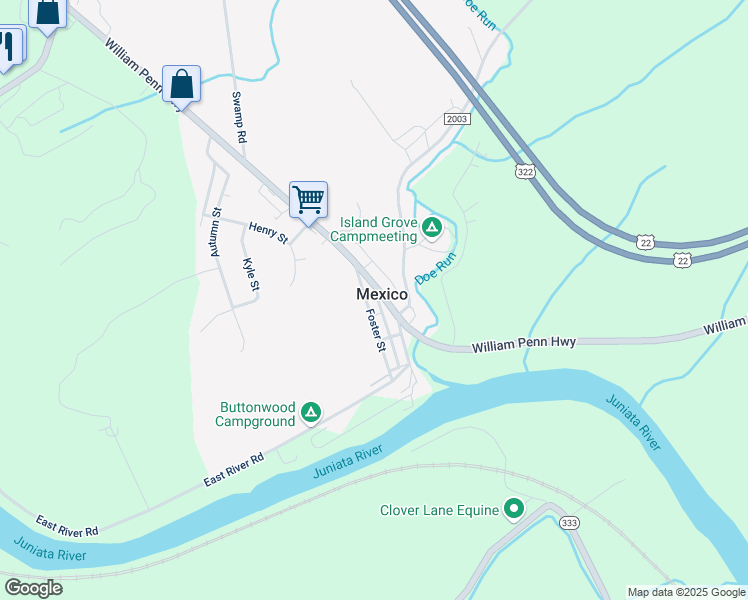 map of restaurants, bars, coffee shops, grocery stores, and more near 6748 William Penn Highway in Mifflintown