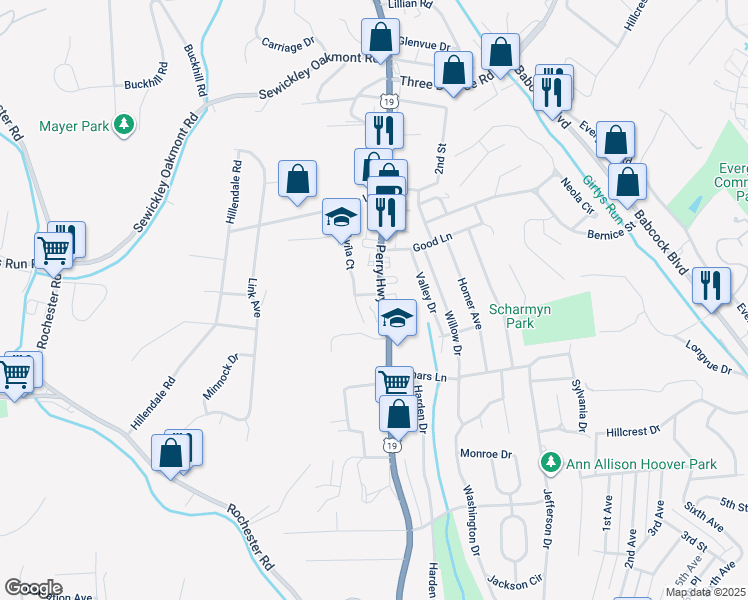 map of restaurants, bars, coffee shops, grocery stores, and more near 971 U.S. 19 in Pittsburgh