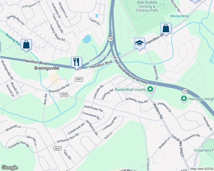 map of restaurants, bars, coffee shops, grocery stores, and more near 8604 Cascade Road in Breinigsville