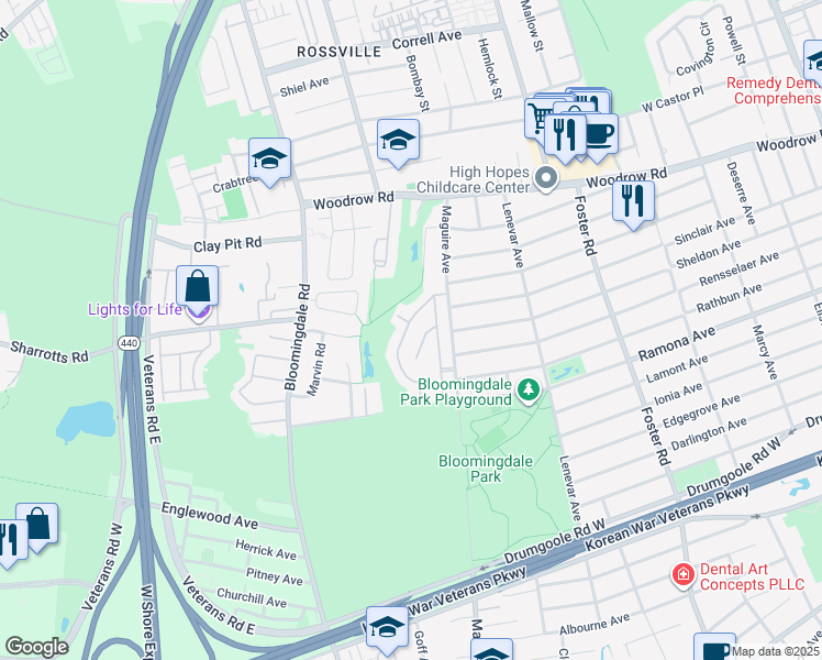 map of restaurants, bars, coffee shops, grocery stores, and more near 61 El Camino Loop in Staten Island