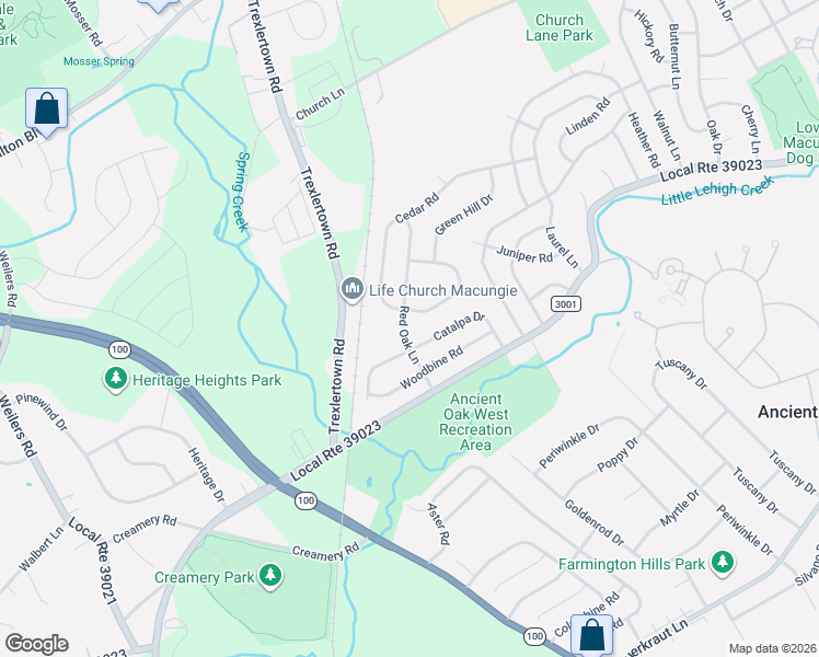 map of restaurants, bars, coffee shops, grocery stores, and more near 1674 Red Oak Lane in Macungie