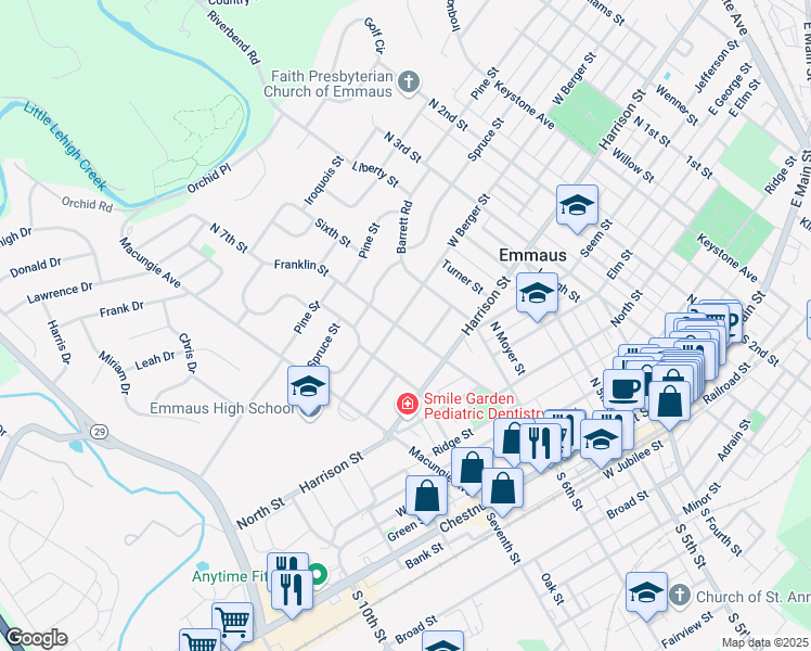 map of restaurants, bars, coffee shops, grocery stores, and more near 651 West Berger Street in Emmaus