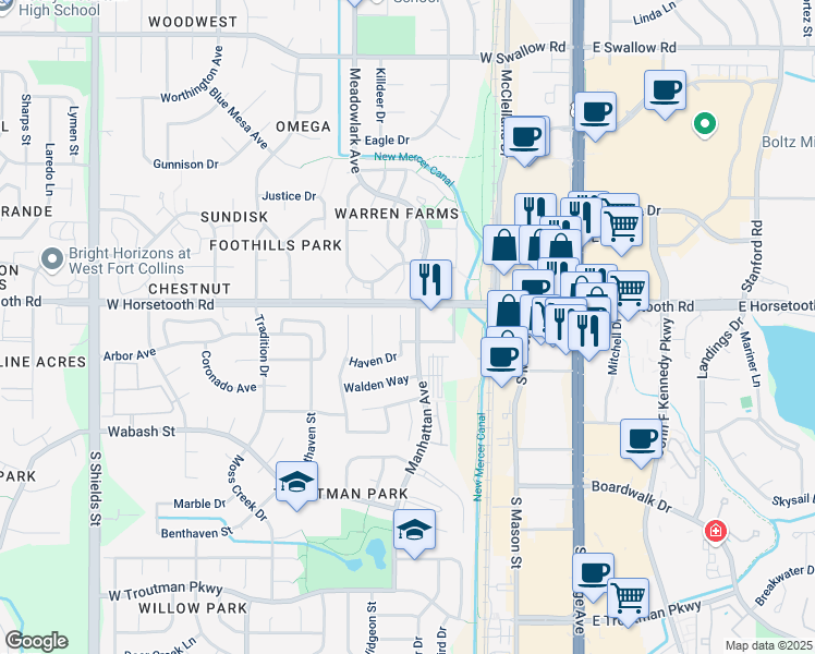 map of restaurants, bars, coffee shops, grocery stores, and more near 3620 Haven Court in Fort Collins