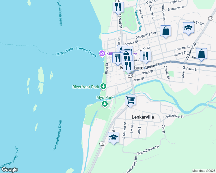 map of restaurants, bars, coffee shops, grocery stores, and more near 100 River Street in Millersburg