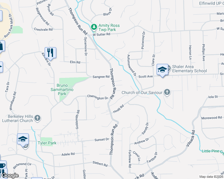 map of restaurants, bars, coffee shops, grocery stores, and more near 583 Thompson Run Road in Pittsburgh