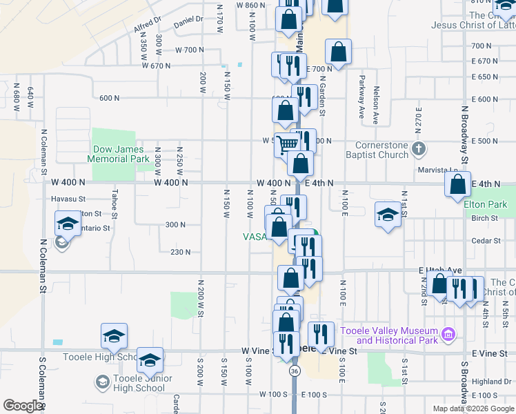 map of restaurants, bars, coffee shops, grocery stores, and more near 346 North 100 West in Tooele