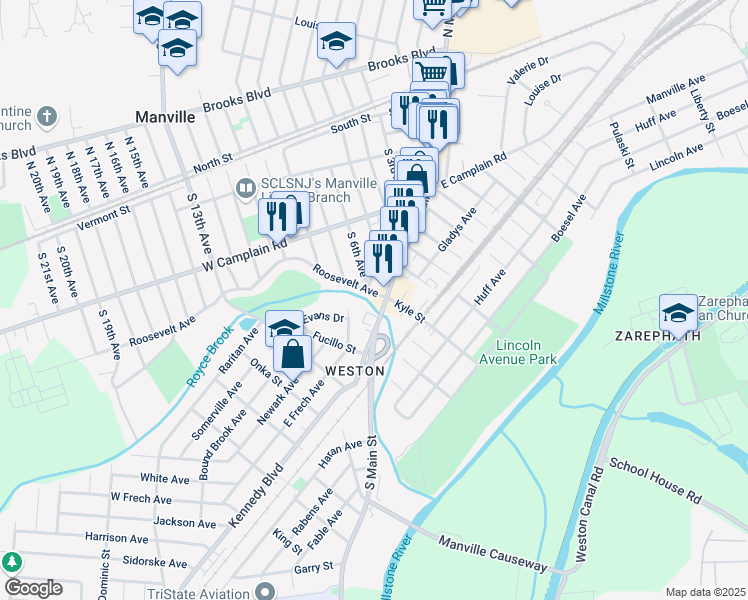 map of restaurants, bars, coffee shops, grocery stores, and more near 404 South Main Street in Manville