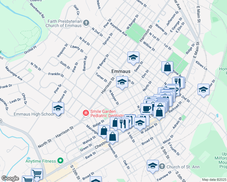 map of restaurants, bars, coffee shops, grocery stores, and more near 542 George Street in Emmaus