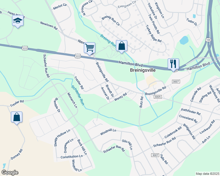 map of restaurants, bars, coffee shops, grocery stores, and more near 1227 Brandt Drive in Breinigsville