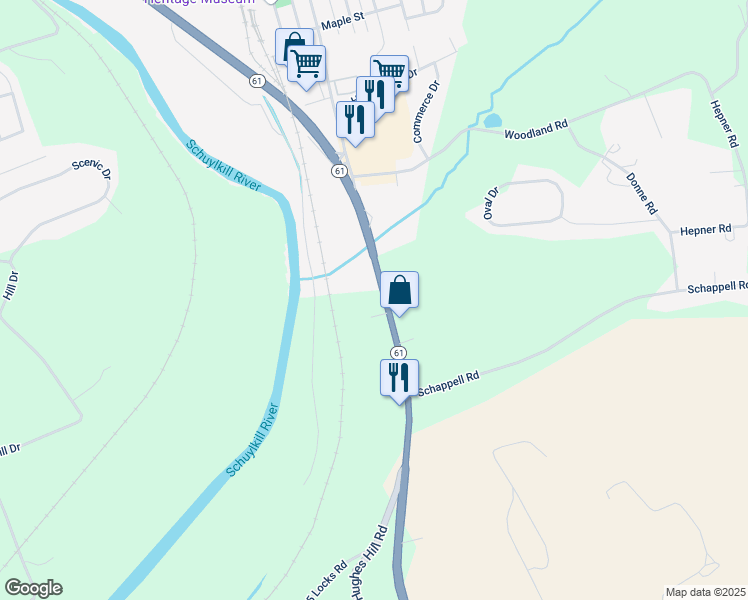 map of restaurants, bars, coffee shops, grocery stores, and more near 16611 Pottsville Pike in Hamburg