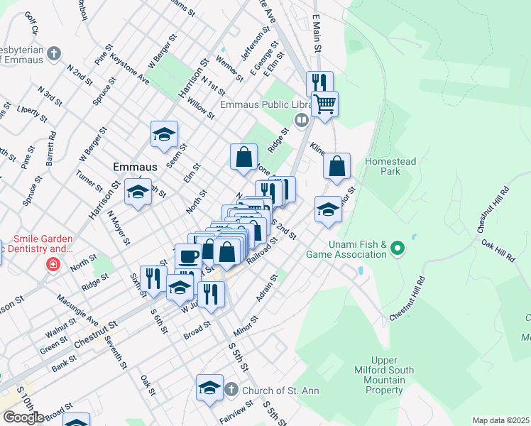 map of restaurants, bars, coffee shops, grocery stores, and more near 197 Main Street in Emmaus