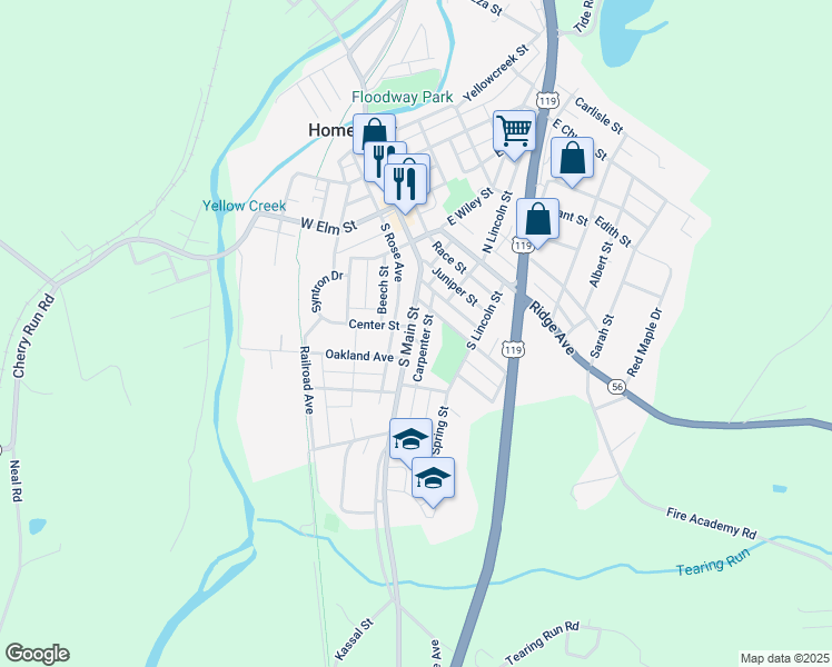 map of restaurants, bars, coffee shops, grocery stores, and more near 324 South Main Street in Homer City