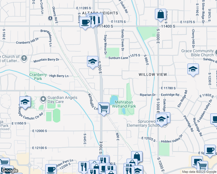 map of restaurants, bars, coffee shops, grocery stores, and more near 731 Sunset Ponds Drive in Draper