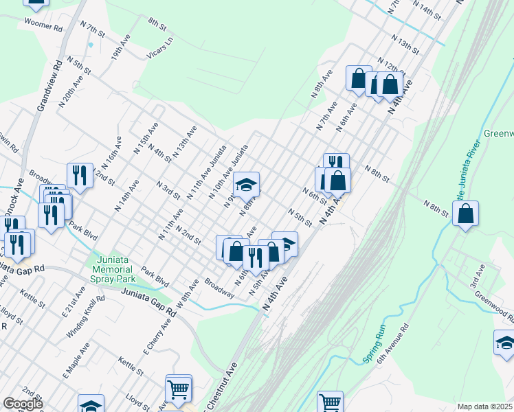 map of restaurants, bars, coffee shops, grocery stores, and more near 418 North 8th Avenue in Altoona