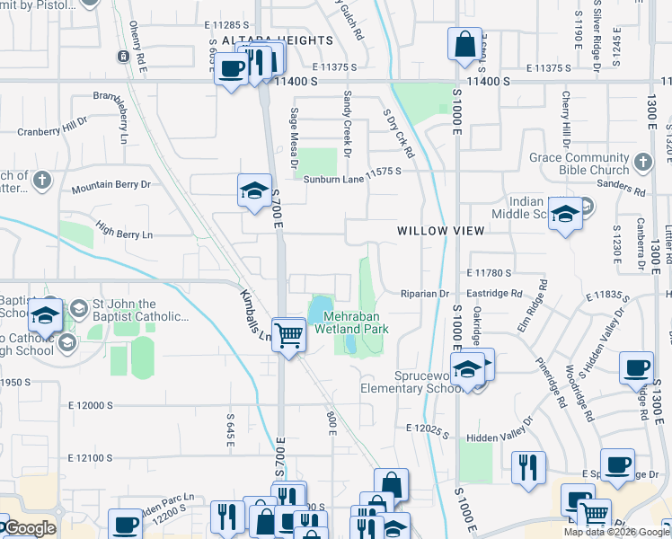map of restaurants, bars, coffee shops, grocery stores, and more near 781 Sunset Ponds Drive in Draper