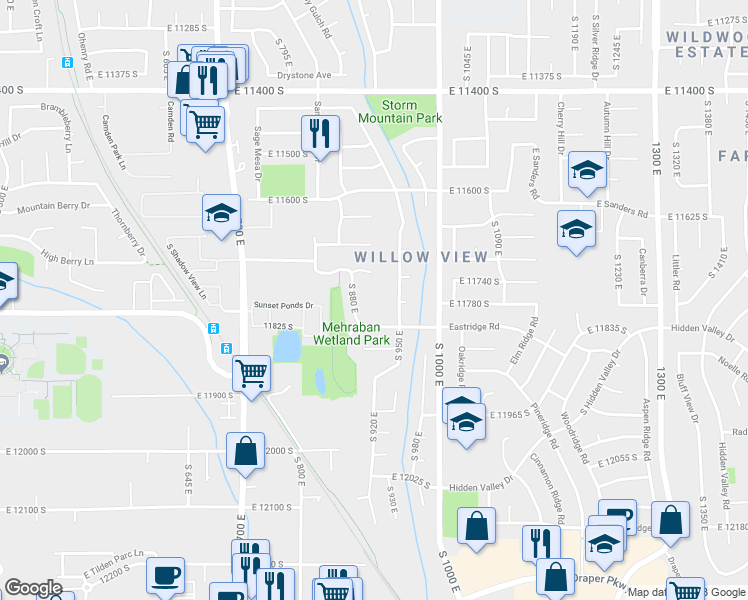 map of restaurants, bars, coffee shops, grocery stores, and more near 11777 Willow Wood Drive in Draper