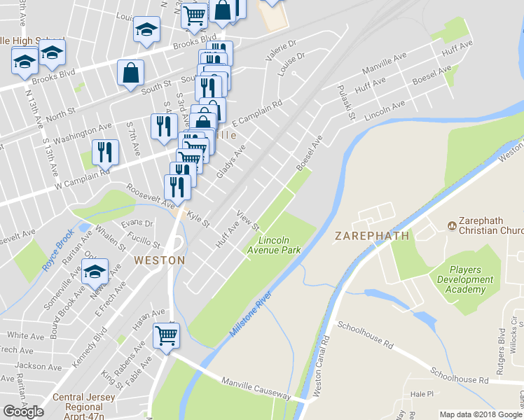 map of restaurants, bars, coffee shops, grocery stores, and more near 321 Boesel Avenue in Manville