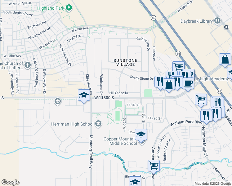 map of restaurants, bars, coffee shops, grocery stores, and more near 5830 Hill Stone Drive in South Jordan