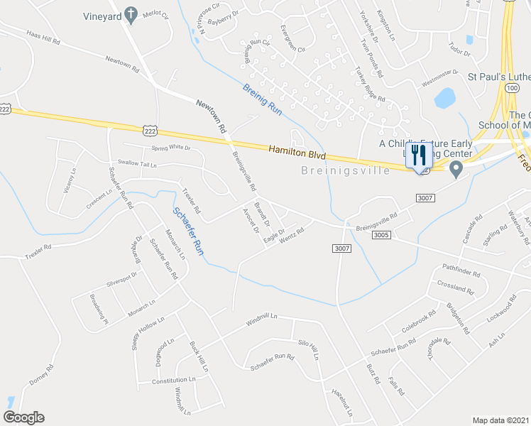 map of restaurants, bars, coffee shops, grocery stores, and more near 1227 Brandt Drive in Breinigsville
