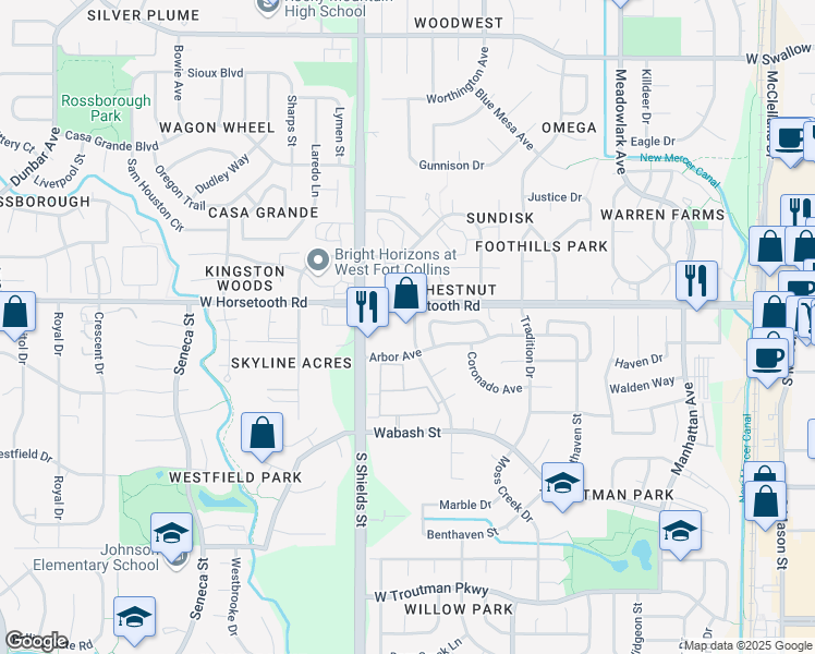 map of restaurants, bars, coffee shops, grocery stores, and more near 1015 West Horsetooth Road in Fort Collins