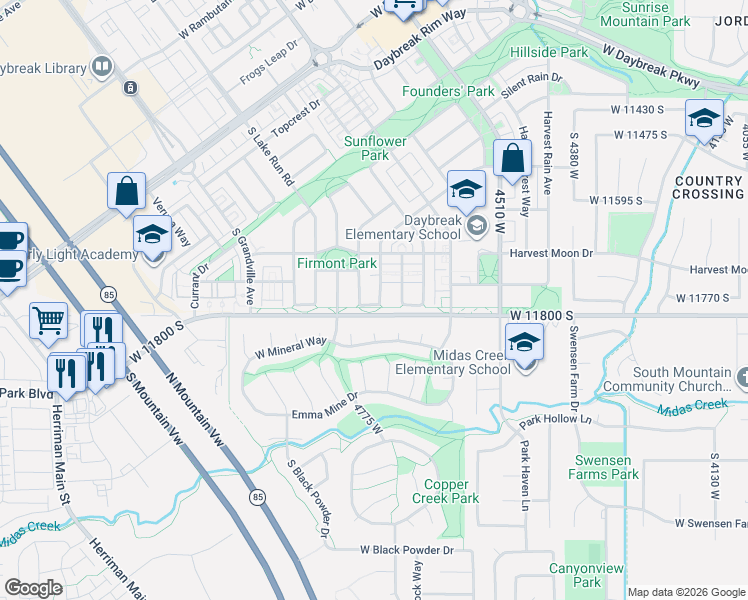 map of restaurants, bars, coffee shops, grocery stores, and more near 11771 Pale Moon Lane in South Jordan